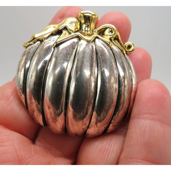 Vintage Best Brooch Pendant 2" Pumpkin Shaped Silver Gold Tone Vintage - Picture 11 of 11